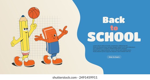 Ein Horizontaler "Zurück zur Schule"-Banner. Ein pädagogisches Konzept. Cartoon-groovige Charaktere: ein Radiergummi und ein Bleistift mit einem Basketball. Retro-Stil. Vektorillustration.