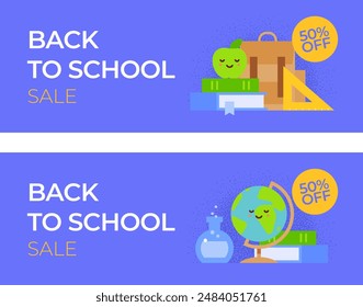Horizontal Back to school banners. Vector flat illustrations with green apple on top of the books, backpack, globe and flask. Sale templates