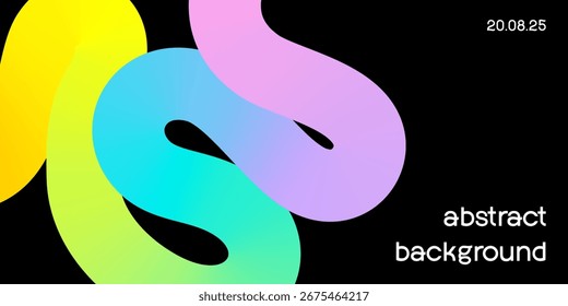 Horizontal backdrop with abstract 3d rainbow curve smooth line, neon gradient. Banner with empty text box, swirled colored ribbon shape on black background. Vector EPS10