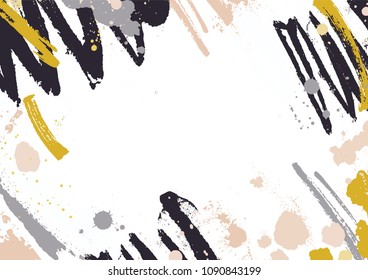 Horizontal backdrop with abstract yellow and black paint stains, blotches and brush strokes on white background. Artistic decorative frame or border with smears and scribble. Vector illustration
