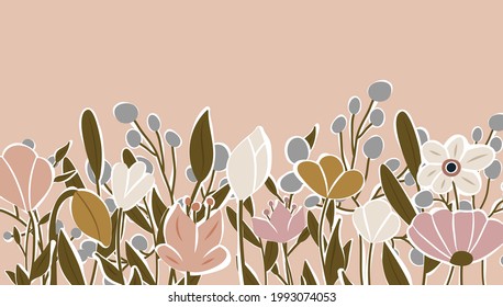 Horizontal backdrop decorated with blooming flowers and leaves border. Abstract art nature background vector. Trendy plants frame. flower garden. Botanical floral pattern design for summer