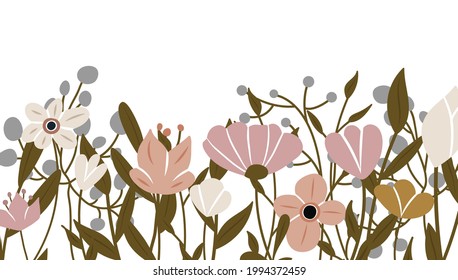 Horizontal backdrop decorated with blooming flowers and leaves border. Abstract art nature background vector. Trendy plants frame. flower garden. Botanical floral pattern design for summer
