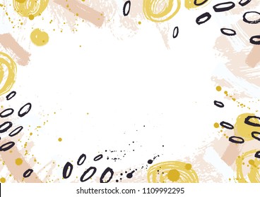 Horizontal backdrop decorated with colorful paint traces, ink stains, blots and brush strokes on white background. Hand painted frame or border. Creative vector illustration in grunge style