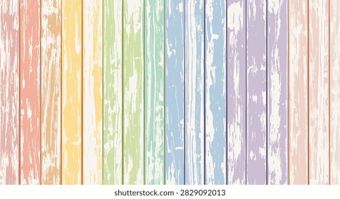Horizontal backdrop featuring vertical wooden planks with a pastel rainbow gradient and heavily distressed, peeling white paint texture revealing underlying wood grain patterns.