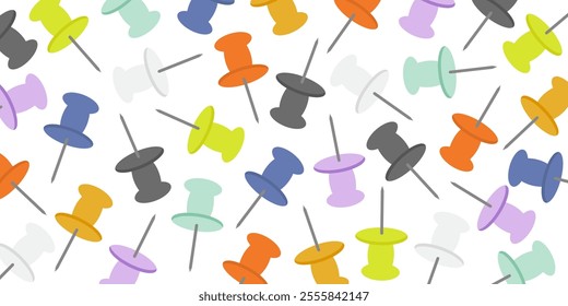 Horizontal backdrop with multi-color push pins. Thumbtacks scattered on white background.