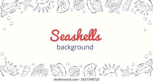 Horizontal backdrop on the coastal theme. Different seashells and bubbles are located above and below. Hand drawn italian sketch style. Blue rough ink lines.