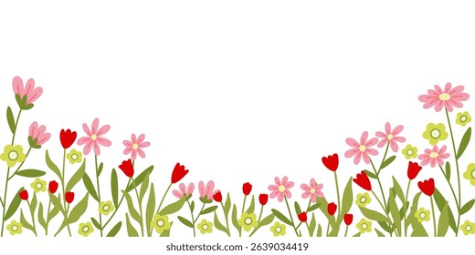 Horizontal backdrop with simple pink and red flowers on white. Vector illustration