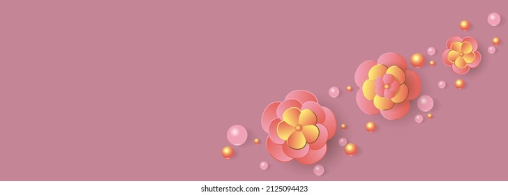 Horizontal background with 3d flowers and pearl beads. Paper cut style. Horizontal poster, flyer, greeting card, header
