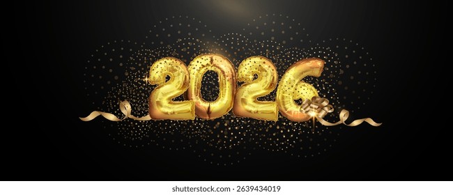 horizontal background of 3d Realistic gold foil balloons. Merry Christmas and New Year 2026 Greeting card with streamers on the background of fireworks. 3d rendering.