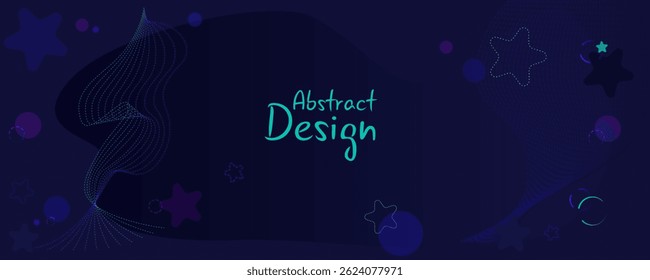Horizontal background with abstract bright lines and geometric shapes. Dark editable vector background with space for copying. Neon waves, dotted motion waves