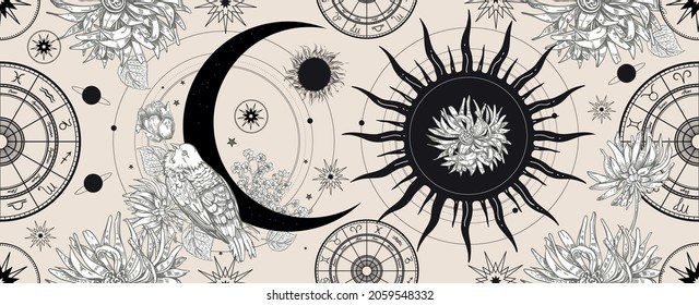 Horizontal background for astrology, esotericism, fortune telling. Black banner with the face of the sun and the face of the moon. Seamless pattern. Space illustration.