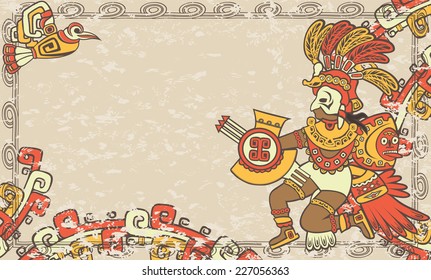 Horizontal background in the Aztec style, god Quetzalcoatl and bird, third variant