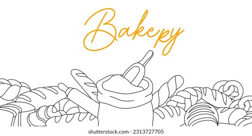 Horizontal background for bakery menu design. Breads shop banner. Bakery menu design. Wheat bread, pretzel, ciabatta, croissant, french baguette.