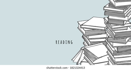 Horizontal background, banner, poster with books and empty space. Vector concept with hand drawn doodles. Literature, reading, library, education. Line art for a bookstore.