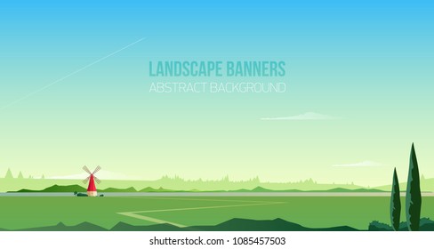 Horizontal background or banner template with spectacular rural landscape or natural scenery. Gorgeous countryside with windmill, field, road, trees, beautiful sky. Modern vector illustration