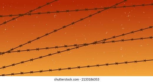 Horizontaler Hintergrund mit Stacheldraht in orangefarbenen Farben. Kriegsthemenbanner mit Barb Wire Vektorgrafik.