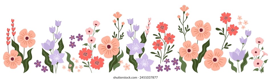 Horizontal background with beautiful colorful flowers and leaves. Spring botanical flat vector illustration on white background for banners, flyers, invitations, posters