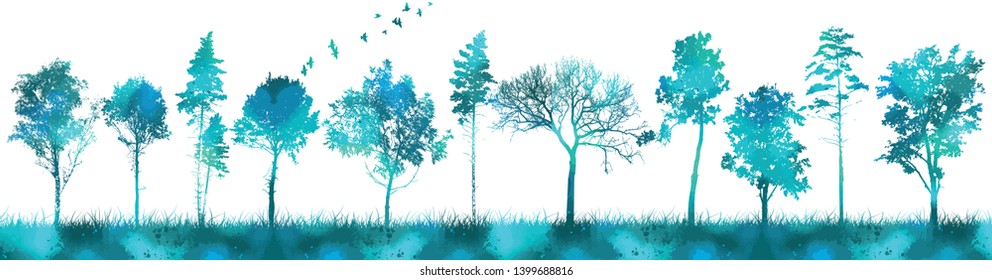 Horizontal background with blue trees. Park silhouettes of trees. Vector illustration