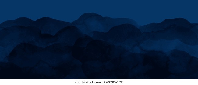 Horizontal background with blue waves, clouds, mountains. Abstract sea, ocean view. Elegant, chic backdrop, cover, card, invitation, business style design. Dark navy flow watercolor.