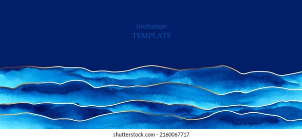 Horizontal background with blue waves and golden lines. Abstract sea, ocean view. Elegant, chic backdrop, cover, card, invitation, business style design.