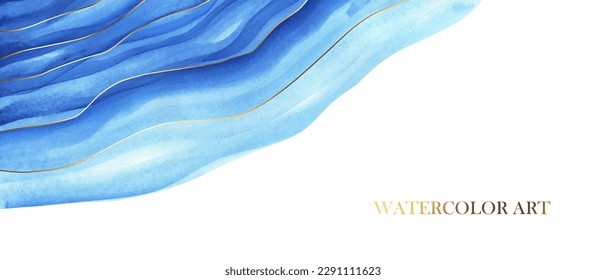 Horizontal background with blue waves and golden lines. Abstract sea, ocean view. Elegant, chic backdrop, cover, card, invitation, business style design.