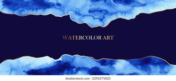 Horizontaler Hintergrund mit blauen Wellen und goldenen Linien. Abstraktes Meer, Meerblick. Eleganter, schicker Hintergrund, Abdeckung, Karte, Einladung, Business-Stil-Design.