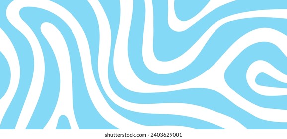 Horizontal background with blue waves in style retro 60s, 70s. Trendy minimal wavy design in pastel colors. Colorful marble illustration for cover, backdrop, website and banner. Vector illustration