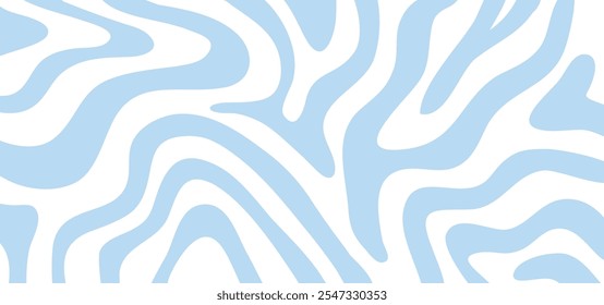 Horizontal background with blue waves in style retro 60s, 70s. Trendy minimal wavy design in pastel colors. Colorful marble illustration for cover, backdrop, website and banner. Vector illustration