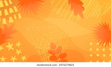 Horizontal background of bright orange color with leaves, abstract shapes and textures. Colorful vector banner template with copy space for summer design. Playful backdrop.