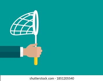 Horizontal background with businessman hand holding butterfly net. Catch, hunt, chase symbol. Achieve goals or dreams creative concept.  Vector illustration isolated on blue background. 