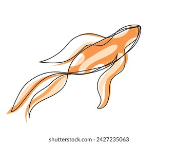 Horizontal background of carp koi in continuous single line style. Floral and abstract elements. One line drawing vector illustration