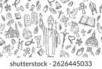 Horizontal Background Catholic Religious Elements with Doodle Line Art Illustration Style. Hand Drawn Vector