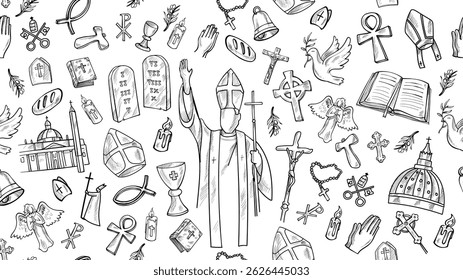 Horizontal Background Catholic Religious Elements with Doodle Line Art Illustration Style. Hand Drawn Vector