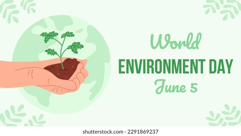 Horizontal background for celebration World Environment Day. Hands holding green tree. Vector flat cartoon illustration.