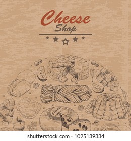 Horizontal background with cheese products. Vector illustration for your design
