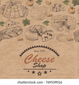 Horizontal background with cheese products. Vector illustration for your design