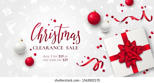 Horizontal background for Christmas sale banner with text, toys, realistic white gift box, 3D bow, red ribbons, confetti and pattern. Vector festive template for flyer with discount or special offers.