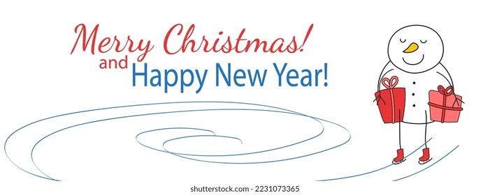 Horizontal background with Christmas snowman vector illustration. Skating snowman character with gift boxes. Merry Christmas and Happy New Year. Poster template