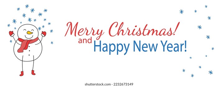 Horizontal background with Christmas snowman vector illustration. Snowman character in red mittens, scarf and boots. Merry Christmas wishes. Poster template