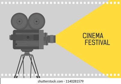 Horizontal background for cinema festival with retro camera or movie projector standing on tripod and film perforation border. Colorful flat vector illustration for event promotion, advertisement.