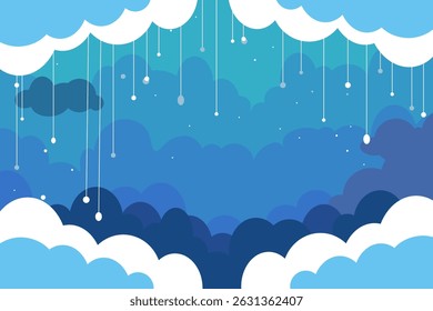 Horizontal background with clouds and strings of drops, rain in blue colors. Environment, illustration of cloudy sky. Flat design.