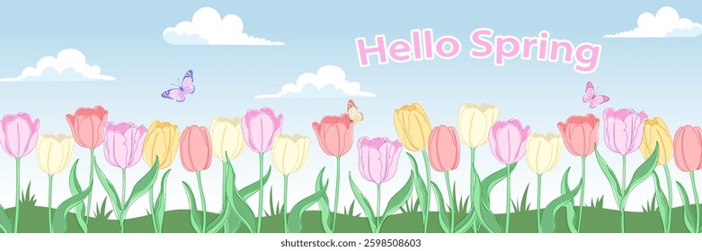 Horizontal  background with colored tulips and butterfly. Spring view vector illustration with text space. Spring flowers tulip poster and banner design.