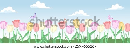 Horizontal  background with colored tulips and butterfly. Spring view vector illustration. Spring flowers tulip poster and banner design.