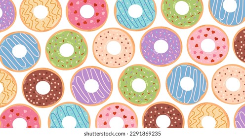 Horizontal background with colorful donuts. Various types of donuts in glaze and chocolate, elements for design of cafe, menu, promo banner. Flat vector cartoon illustration.