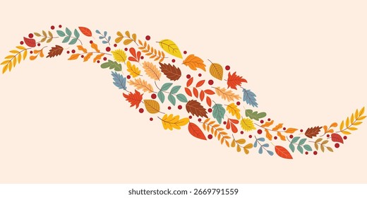 Horizontal background with colorful foliage. Wave shape made of autumn leaves. Vector graphic