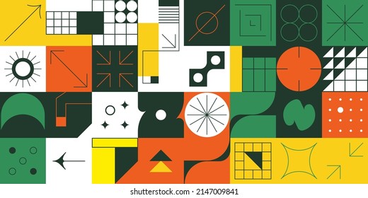 Horizontal background consisting of a set of abstract geometric futuristic figures with a thin line, modern shapes and objects. Vector illustration