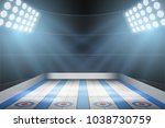 Horizontal Background of curling ice arena in the spotlight. Curling indoor rink. Editable Vector Illustration.