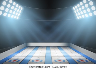 Horizontal Background of curling ice arena in the spotlight. Curling indoor rink. Editable Vector Illustration.