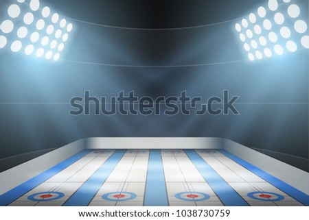 Horizontal Background of curling ice arena in the spotlight. Curling indoor rink. Editable Vector Illustration.