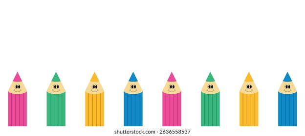 Horizontal background with cute smiling pencils. Colored pencils. Soon to school, funny stationery. Vector illustration.